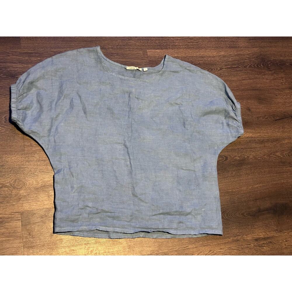 Camille & Co Blue Linen Short Sleve Smocked Puff Sleve Opening Oversized S Italy